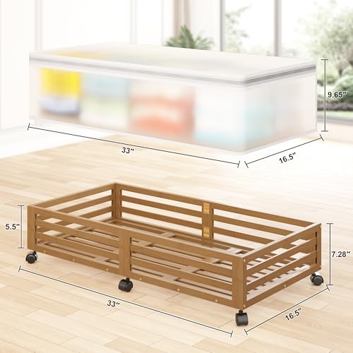 Under Bed Storage with Wheels-Large Bamboo Underbed storage Containers with Large Dust Bag Stackable Under the Bed Shoe Storage Bins for Clothes Books Bedding (2 Packs walnut, 33.07"L×16.54"W× 6.5"H) - color: 2 Packs Walnut, size: 33.07"L×16.54"W× 6.5"H