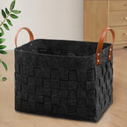 boldmonkey Laundry Basket 16.5 " x13 x13 , Large Rectangular Blanket Basket with Leather Handle, Felt Storage Basket for Living Room, Nursery, Dog Toys-Dark Gray - color: Dark Gray