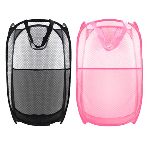 Collapsible Pop Up Laundry Hamper, Extra Large Mesh Foldable Laundry Basket Bag, 28" x 16" x 16", 2 Pack (Black + Pink) - color: 2P Black+Pink