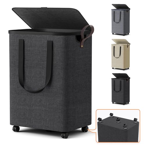 Laundry Basket with 5 Wheels, Tall Dirty Laundry Hamper, Rolling Laundry Basket with Lid, Collapsible Clothes Hamper for Bathroom Bedroom Dorm Laundry Room, Dark Gray, 75L - color: Deep Gray, size: 75L