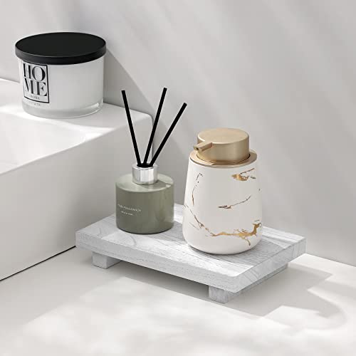 zoocatia Small Wood Tray Pedestal Stand Farmhouse Bathroom Decor Decorative Wooden Riser Kitchen Soap Dish Holder for Vanity, Counter, Sink, 9" x 5.9" - White - color: White, size: 9" x 5.9" x 1.6"