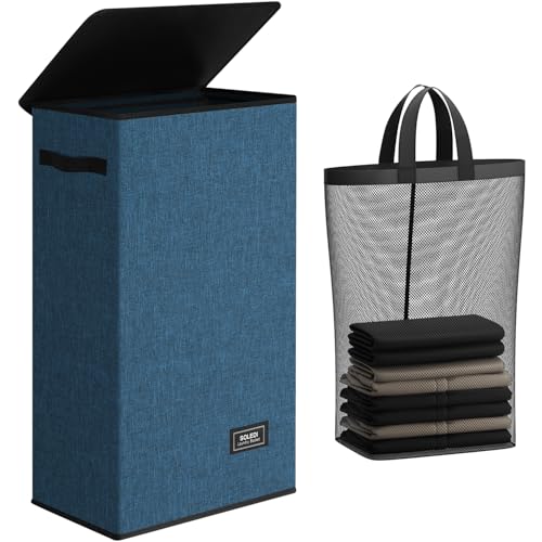 SOLEDI Slim Laundry Hamper with Lid, Narrow Laundry Basket with Removable Bags, Dirty Clothes Hamper with handle, Small Hamper perfect for Laundry room, Bathroom, Bedroom, Small spaces. 70L Blue - color: Blue, size: 70L
