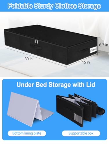 6.7-Inch Tall Under Bed Storage Bin with Zipper, Underbed Storage Container w/Rigid Sides & Bottom, Large Clothes Organizer Box for Bedroom, Dorm, Couch, Dressers, 30x15x6.7 Inches, Black - color: Black-Rigid-4pcs, size: 6.7 inch