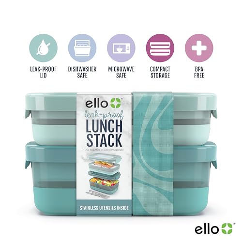 Ello 2-Pack Lunch Stack Plastic Food Storage Container Bento Box with Airtight, Leak-Proof Locking Plastic Lids and Silicone Base, BPA-Free, Freezer, Microwave, and Dishwasher Safe, Mint Chip - color: Mint Chip