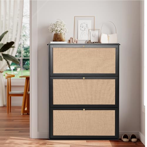 AVZEAR Narrow Shoe Storage Cabinet for Entryway with Natural Linen Panel, Freestanding Slim Shoe Cabinet with 3 Flip Drawers, Wood Shoe Organizer Closed Shoe Rack for Hallway, Living Room(Black) - color: Black, size: 3 Drawers Single Layer