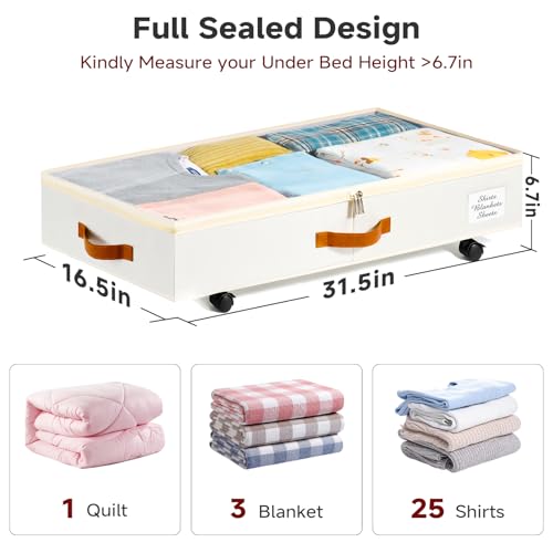 Under Bed Storage with Wheels Set of 2, Underbed Storage Container with Clear Lid Cover, 6.7 Inches Height Rolling Under Bed Drawer Storage Basket Bin Shoe Organizer for Cloth Sheet Sweater - color: Beige