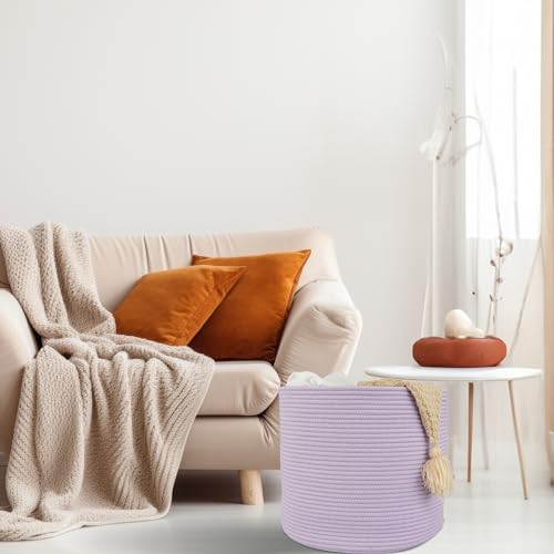XUANGUO Cotton Rope Basket For Girls Boys Kids 16”X14” Baby Laundry Basket Nursery Bin Round Woven Baskets Organizer For Storage Toys Blankets Shoes Clothes purple - color: purple