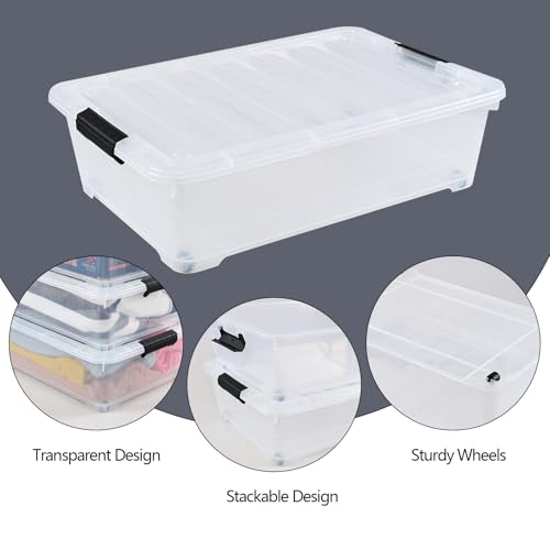 3-Pack 20 Quart Plastic Wheeled Latching Storage Boxes, Stackable Underbed Organizer Bins with Lid, Clear - size: 20 Quart