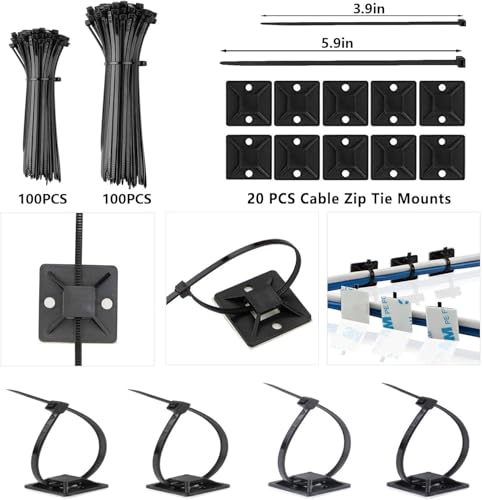 ELII 300PCS Cable Management Kit,4 Cable Sleeve 35 Cable Clips with 11Cord Holders,20 Roll Cable Organizer Straps and 200 Fastening Cable Ties,20 Cable Zip Tie Mounts for Under Desk - color: White