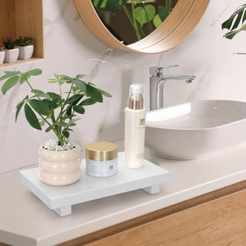 White Wooden Bathroom Tray Wood Riser Pedestal Stand Dish Soap Dispenser Holder for Kitchen Counter Bathroom Decor Decorative Kitchen Sink Countertop Trays Farmhouse Organizer Accessories Vanity Tray - color: White, size: 10" x 6" x 1.6"