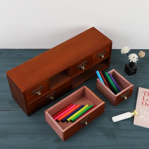Apothecary Drawers Wooden Storage Box with 6 Drawers Vintage Countertop Wooden Drawers Apothecary Cabinet Library Card Catalog Cabinet （BROWN） - color: BROWN06