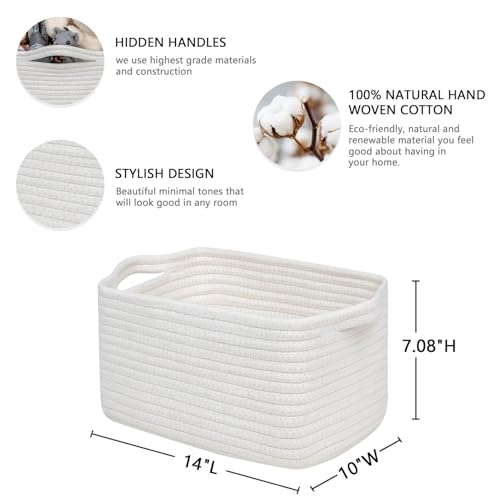 CubesLand Woven Cotton Rope Basket for Laundry, Book, Nursery, Clothes, Shoes, Toys Organizing and Bedroom Home&Living Room Decor, with Durable Handle, Rectangular 14x10x7.08IN White - color: White, size: 14''x10''x7.08''