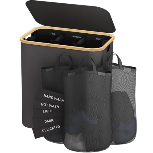 Laundry Hamper 3 Section, 145L Dirty Clothes Hamper with Lid, Extra Large Laundry Basket Organizer with Removable Inner Bags & Labels for Laundry Room, Bedroom, Dark Grey - color: Dark Grey, size: 145L