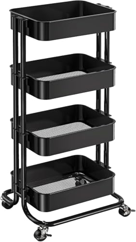 Pipishell 4 Tier Metal Rolling Utility Cart, Heavy-Duty Storage Rolling Cart with 2 Lockable Wheels, Multifunctional Mesh Organization Utility Cart for Kitchen Dining Room Living Room, PIUC13B - color: Black, size: 4 Tier