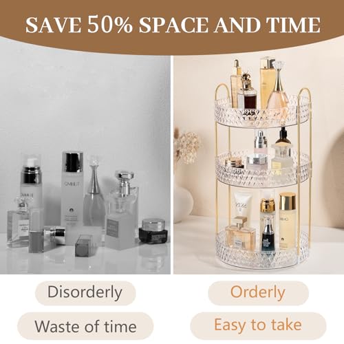 Rotating Makeup Organizer for Vanity, 3 Tier Perfume Skincare Storage for Women, Bathroom Counter Organizer, 360° Spinning Cosmetic Holder for Dresser Countertop, Clear - size: 3 Tier (Standard)