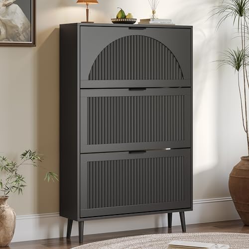 BORNOON Shoe Cabinet for Entryway with 3 Flip Drawers, Slim Wooden Shoe Storage Organizer with Modern Fluted Pannel，Freestanding Narrow Hidden Shoe Rack for Hallway, Foyer, Living Room - color: Black, size: 3 Flip Drawers