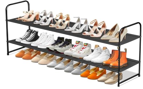 SLEEPING LAMB Long 2-Tier Shoe Organizer for Closet, Stackable Wide Shoe Rack Holds 18-Pairs Low Shoe Shelf Storage for Bedroom, Floor, Entryway(Black) - color: Black, size: 11.4 x 42.5 x 18.7