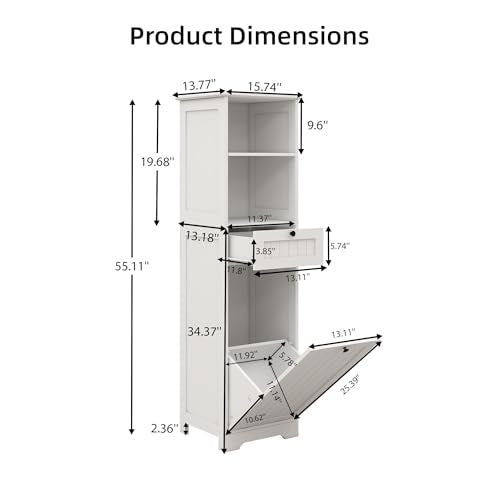 Casaphoria 55 Inch Tall Laundry Sorter Cabinet, Narrow Bathroom Storage Cabinet with Tilt-Out Hamper and Drawer, Freestanding Space-Saving Organizer for Laundry Room, White - size: 15.74"L×13.77"W×55"H