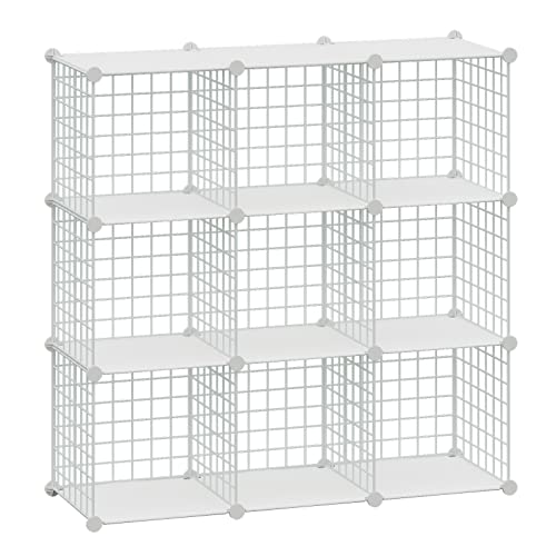 HUBSON Wire Cube Storage Organizer, Book/Toy/Craft/Potted Plants and petCloset Organizers and Storage Shelves, 9-Cube Freely Combinable Metal Grids Storage Shelf,White Plus Iron - color: White Plus Iron, size: 9 Cubes