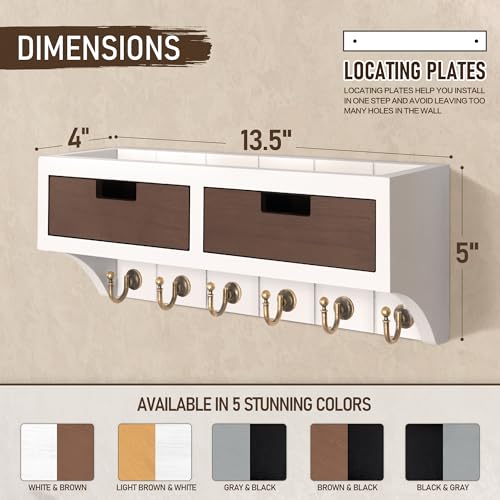 Modern Key Holder Wall Mount Combo - Elegant 2-Color Key Rack with 2 Drawer Organizer and Decorative Mail Organizer – Perfect for Home Decor & Organization (White & Retro Brown)