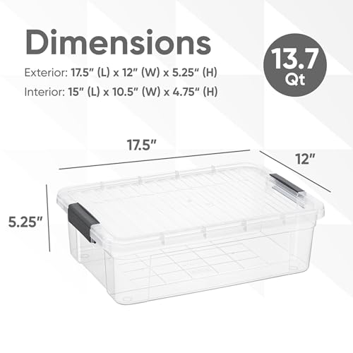 Superio 13.7 Qt Clear Plastic Storage Bins with Lids and Latches, Organizing Containers, Stackable Plastic Bin for Home, Garage, School, and Office - size: 17.5" x 12" x 5.25"