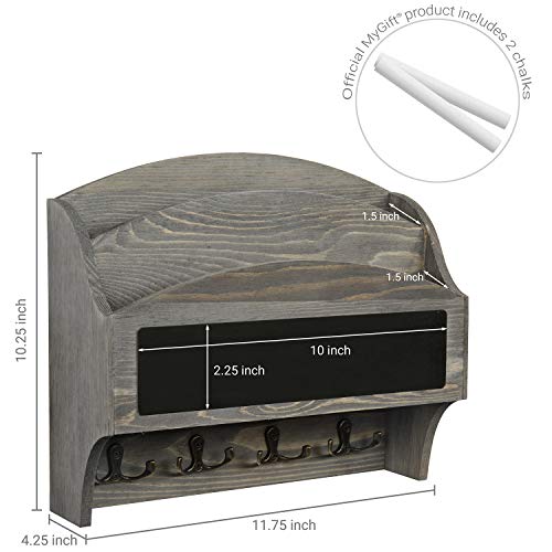 MyGift 2-Compartment Vintage Gray Wood Wall Mounted Entryway Mail Organizer Letter Sorter with Chalkboard Label Surface and 4 Double Key Hooks
