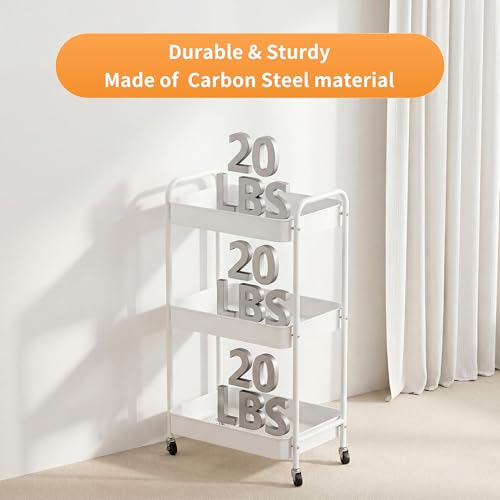 JAQ Makeup Carts, 3-Tier Metal Rolling Utility Storage Organizer Cart Shelf with Wheels for Craft Office Supplies Diapper Snack in Bathroom Kitchen Laundry Classroom Dorm -(3-Tier,White) - color: White /3-tier, size: Need Assembly