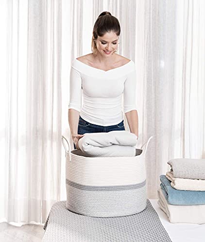 OrganiHaus Large Woven Storage Basket for Blankets and Toys 20" x 13" Inch, Rope Laundry Basket with Handles, Cushions & Pillows Storage Bin, Nursery Hamper, Soft Round Dog Toy Bin - Gray Stripe - color: Striped Gray, size: Wide