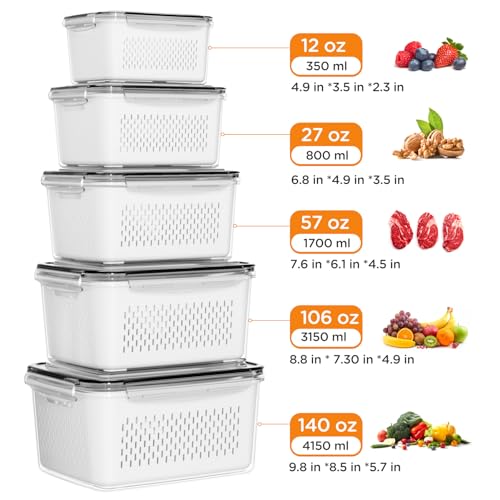 5-Pack Fruit Storage Containers for Fridge with Removable Colanders, 4 in 1 Produce Storage Containers with Lids, Leakproof Fridge Organizer Bins for Salad Berry Lettuce Vegetables Meat Keeper Fresh - color: 5P white