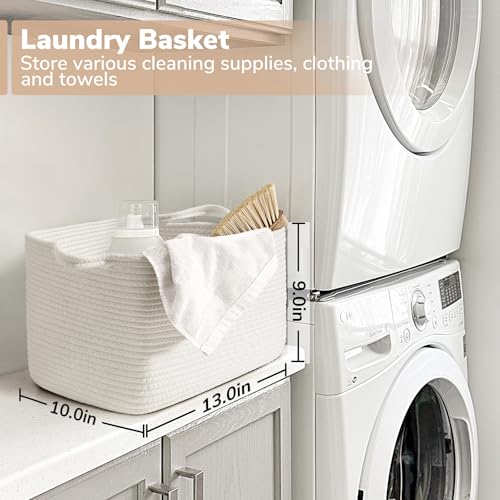 Goodpick White Woven Rope Basket with Handles, Medium Rectangle Basket for Books, Toys, Towels, Square Decorative Baskets for Living Room, Nursery, Shelf Baskets for Bedroom, 13" x 10" x 9" - color: White, size: 13"L x 10"W x 9"H