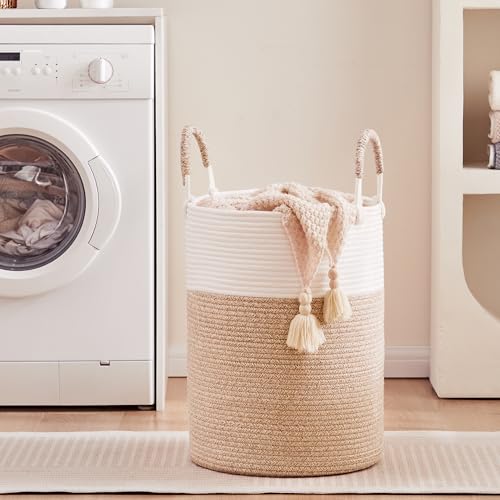60L Laundry Hamper Basket Tall Woven Cotton Rope Clothes Hamper for Baby Girls Nursery Kids Blanket Basket in Living Room Bathroom Bedroom Brown 15Dx20H Inches Large - color: Brown1, size: Large (60L)