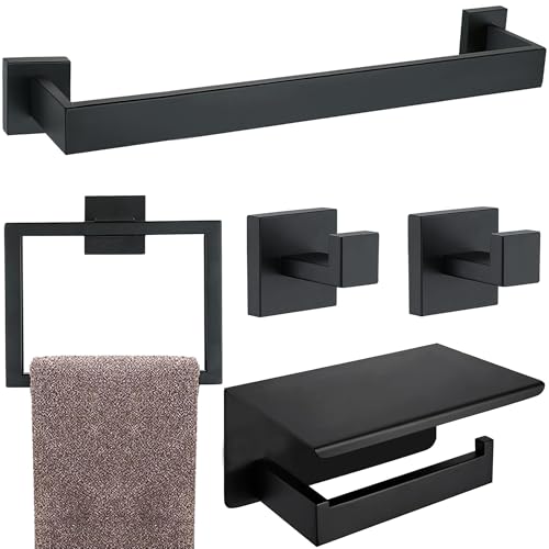 5 Pieces Bathroom Hardware Accessories Set Matte Black, 16Inch Square Towel Racks Set for Bathroom, SUS304 Stainless Steel Towel Bar Set, Toilet Paper Holder with Shelf Wall Mounted - color: Black, size: 16" 5pcs