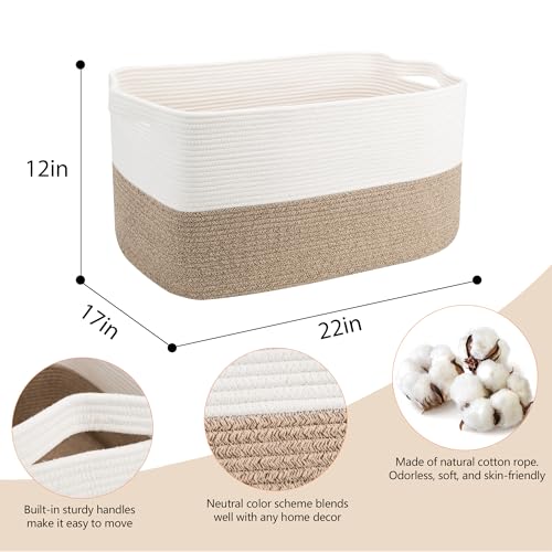 MEGASKET Extra Large Blanket Basket, 22" x 17" x 12" Rectangle Blanket Storage for Living Room, Soft Kids Dog Toy Basket Bin, Cotton Rope Baskets for Storage, Woven Throw Pillow Organizer Holder - color: White & Brown, size: 22"x17"x12"