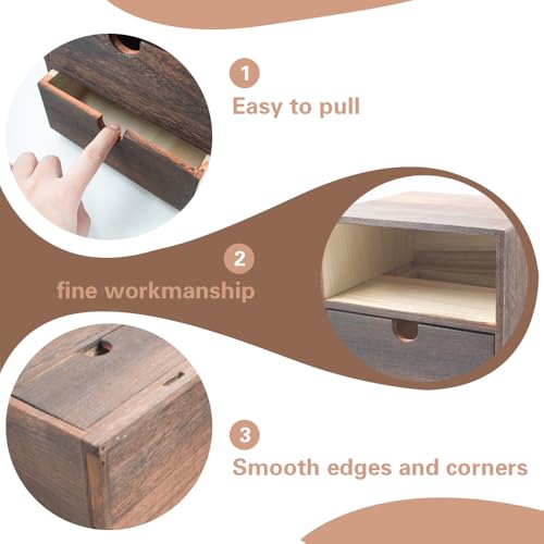 2-Drawer Desk Organizer Rustic Wooden Drawer Organizer for Storing Small Items Wood Countertop Drawer Organizers Storage Drawers for Desk Heavy Carbonization Farmhouse Storage Box (7 x 7in)