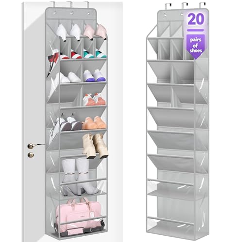 MISSLO Clear Over the Door Shoe Organizer Large Deep Pockets Hanging Shoe Rack for Closet Fit 20 Pairs Shoe Holder for Sneakers Boots Storage，Grey - color: Grey