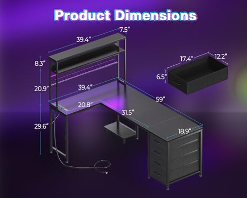AODK L Shaped Desk Gaming Desk with LED Light & Power Outlet, 59 Inch Reversible L Shaped Computer Table with 4 Drawers for Home Office, Black - color: Black, size: 59 inch