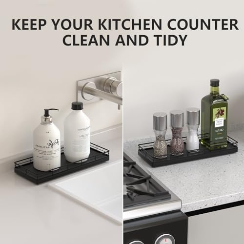 Bathroom Tray for Counter Top Organizer – Oak Wood Vanity Tray with Metal Frame for Dresser, Kitchen, Nightstand – Black Decorative Storage - color: Black, size: 11" x 4.5" x 1.5"