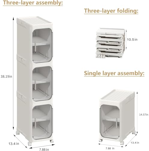 3-Tier Tall Narrow Storage Cabinet, Slim Bathroom Storage Cabinet with Adjustable Shelves and Wheels, Narrow Organizer for Small Space, Bathroom, Kitchen, Laundry, White - color: White, size: 3-Tier