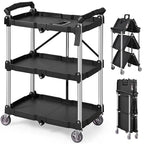 VEVOR Foldable Utility Service Cart, 165LBS 3 Shelf Heavy Duty Plastic Rolling Cart with 360° Swivel Wheels (2 with Brakes), Ergonomic Handle, Portable Garage Tool Cart for Warehouse Office Home