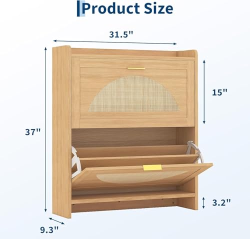 Patikuin Narrow Rattan Shoe Cabinet, 2 Semi-Circular Flip Doors Freestanding Shoe Storage Organizer, MDF Wooden Hidden Slim Shoe Rack for Entryway, Hallway, Foyer, Living Room - size: 2 Flip Drawers