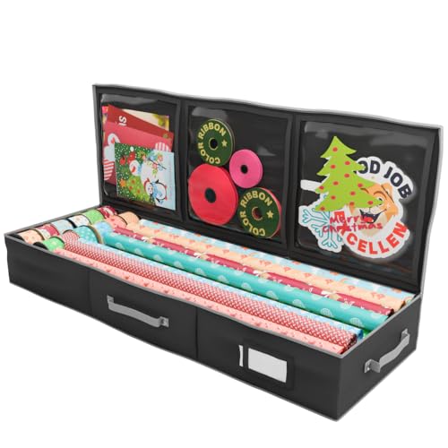 Primode Wrapping Paper Storage Container | Gift Wrap Organizer Under Bed | 41”x14”x6” | Box Holder for 18-24 Rolls Up to 40” | 600D Oxford Material | Pockets for Ribbon, Bows, and Accessories (Black) - color: Black