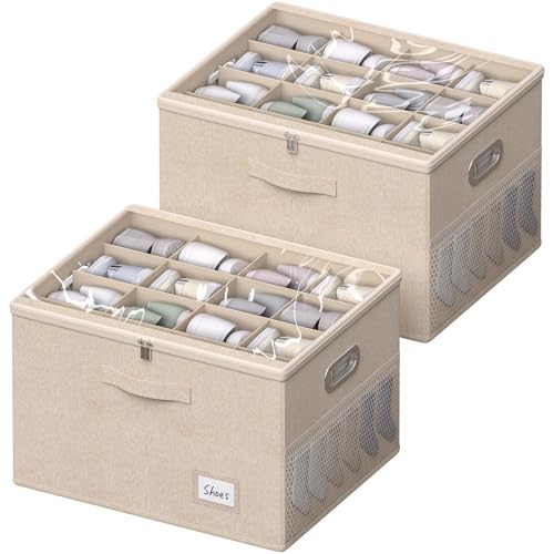 2 Pack Shoe Organizer for Closet Large Shoe Box Storage Containers with Clear Window Space Saving Shoe Bin with Foldable Bottom Support Adjustable Dividers Fits 32 Pairs (Beige, (19.7x15.7x13inch)x2) - color: Beige, size: (19.7x15.7x13inch)x2