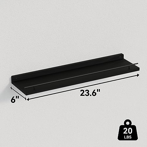 WOPITUES Floating Shelves 24 inch with Gold Metal Guardrail, Shelves for Wall Decor Set of 3, Wall Shelves for Bedroom, Bathroom, Kitchen, Living Room, Plants, Picture Frames, Art- Black - color: Black, size: 23.6 inch