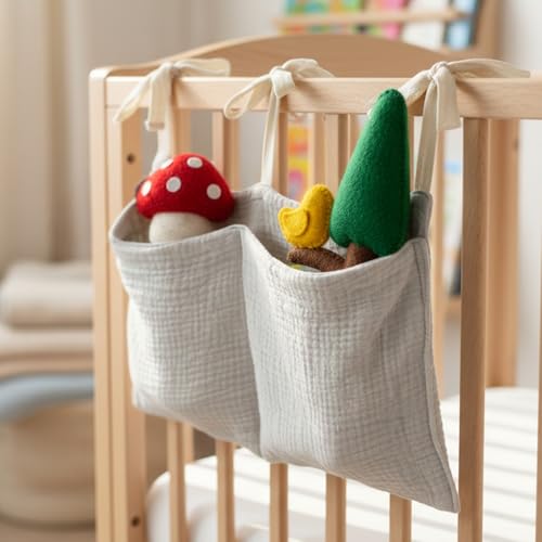 Cotton Baby Hanging Bedside Storage Bag Organizer with 2 Pockets, Baby Crib Accessories for Cribs, Toys, Diapers (Light Gray)