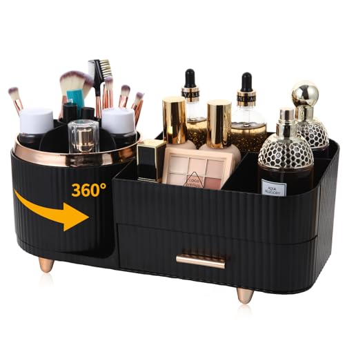 Makeup Organizer Countertop with Drawer 360 Rotating Brush Holder Storage Large Capacity Skincare Cosmetic Display Cases for Vanity Bathroom Desktop, Model 3016 Black - color: Black