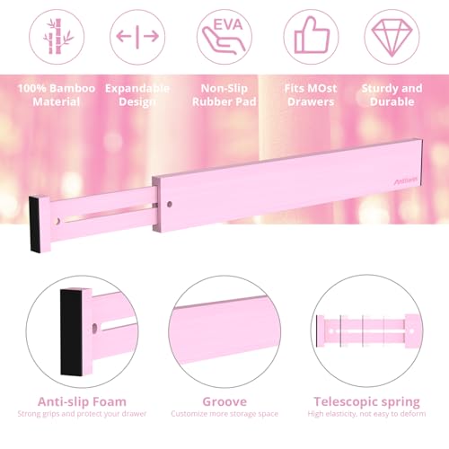 ANTOWIN Expandable Bamboo Drawer Dividers Organizers, Drawer Separators Splitter, 17-22 inches Long Adjustable Spring-loaded Organizer for Large Utensil, Clothes, Tools(Pink) - color: Pink