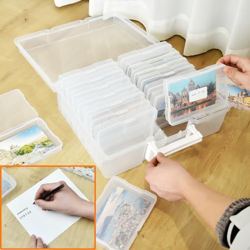 ALINK Photo Storage Box with Handle, 4" x 6" Photo Case Craft Keeper Organizer Container with 16 Inner Case and Label for Pictures, Arts, Crafts, Sewing, Stickers, Office Supplies - Clear - color: Clear