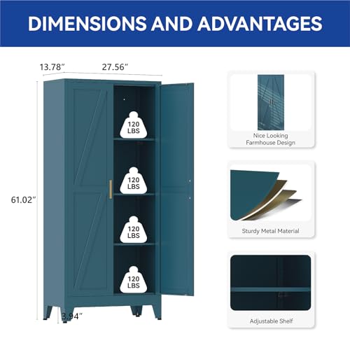 COFaR 61'' Tall Metal Storage Cabinet, Farmhouse Kitchen Pantry Cabinet with Doors and 3 Adjustable Shelves, Metal Pantry Storage Cabinets for Kitchen, Laundry, Peacock Blue 4-Tier - color: Peacock Blue, size: 61 Tall 2 Doors-Tree Door