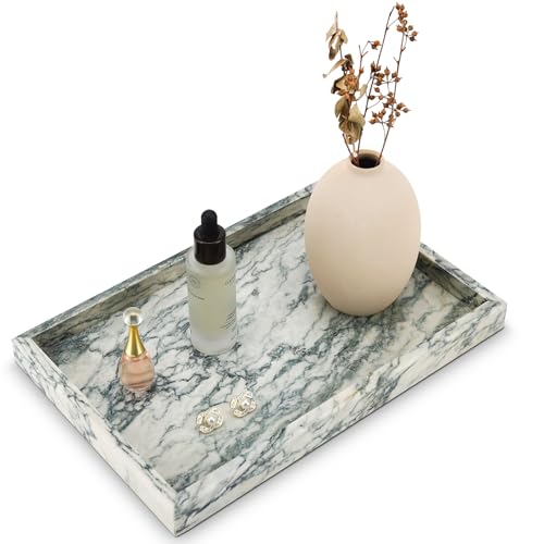 Real Natural Marble Tray for Bathroom, Vanity, Kitchen and Desktop, Rectangle Genuine Marble Stone Tray for Jewelry, Cosmetics, Candles, Lotion, Perfume (Cyan-Green, 12" x 8" x 1.2") - color: Cyan-green, size: 12" x 8" x 1.2"
