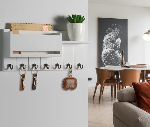 RelaxScene Key Holder Wall Mount - Decorative Key Rack and Mail Organizer with 7 Key Hooks - Wooden Key Hanger with Shelf for Living Room Decor - Rustic Farmhouse Home Entryway Aesthetic Essentials - color: White, size: L(13.8''x6'')